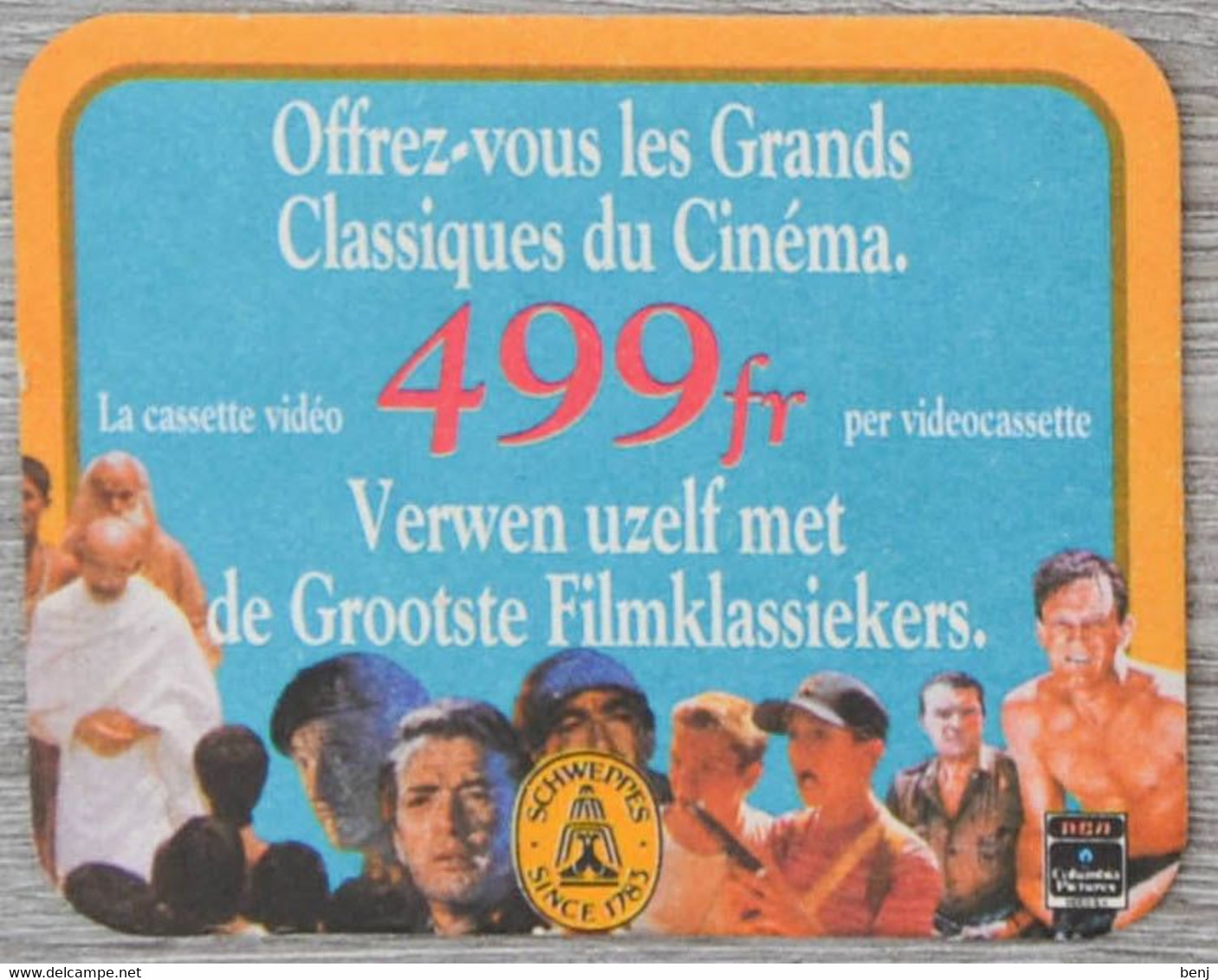 Sous-bock SCHWEPPES Grands Classiques Du Cinéma (cassette Vidéo) Bierdeckel Bierviltje Coaster (N) - Portavasos