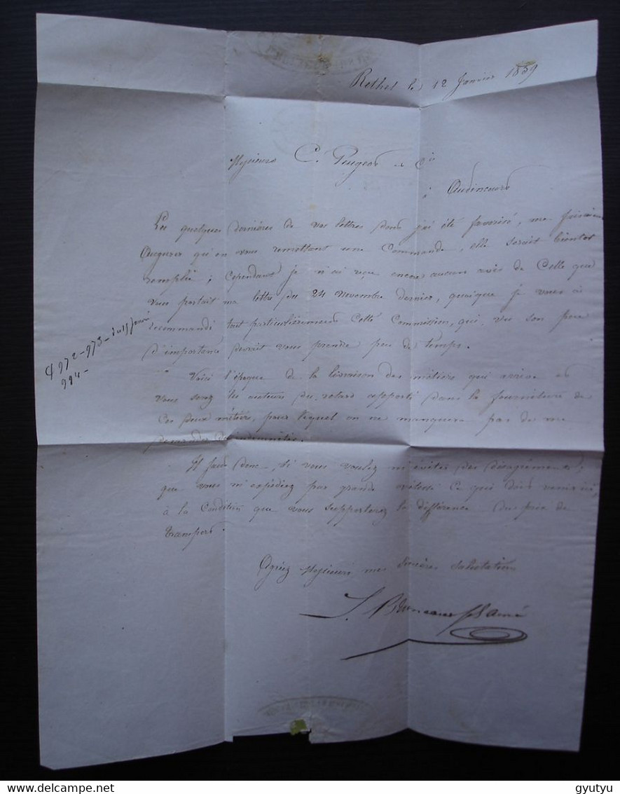 Rethel 1859 (Ardennes) Pc 2655 Sur N°14 Bruneaux Fils Aîné, Mécanicien, Lettre Pour Audincourt - 1849-1876: Periodo Classico