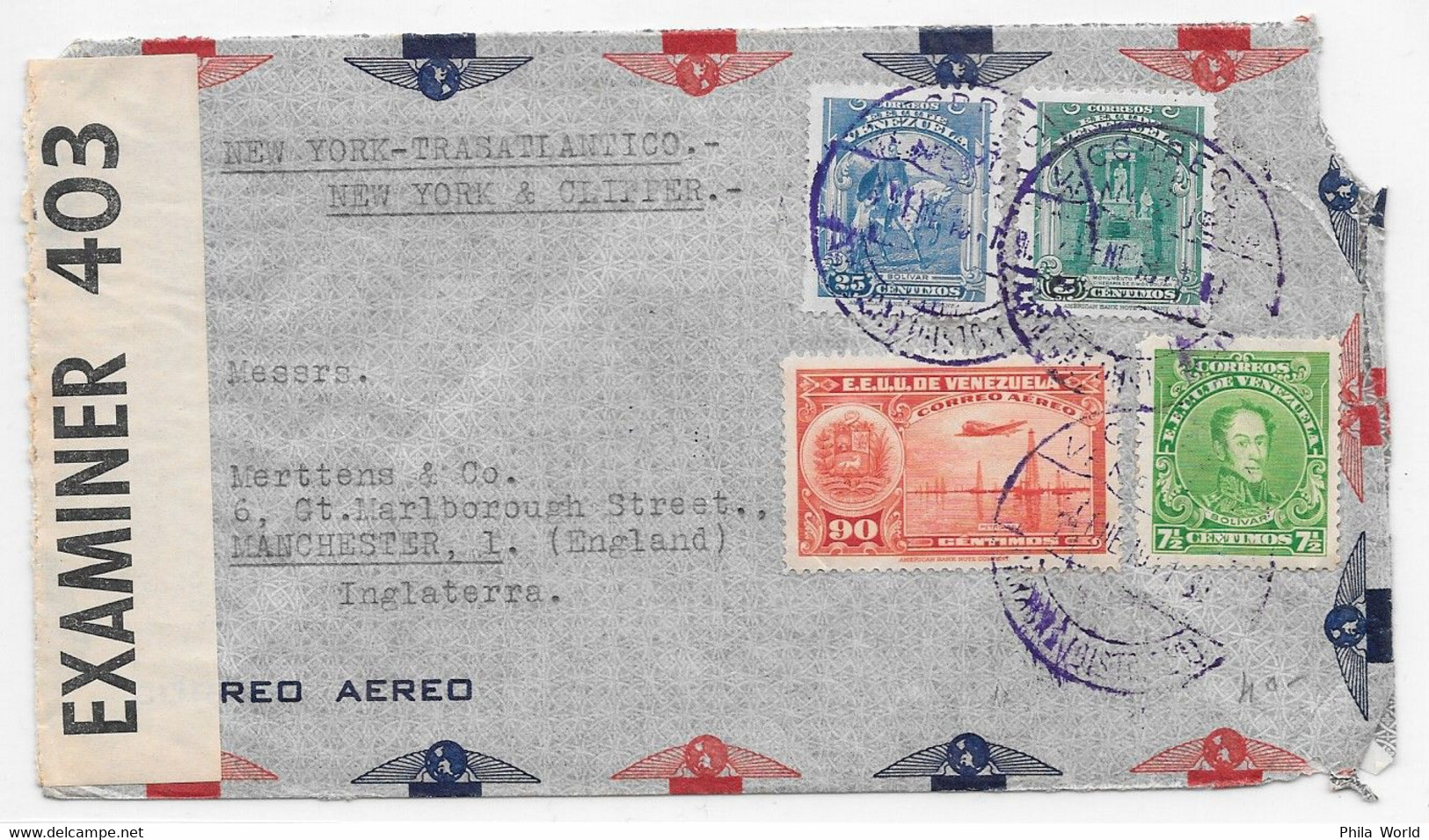 PANAM WW2 - 1941 - FAM18 Venezuela Clipper Airmail Cover To England Manchester Censure EXAMINER 403 - Aerei