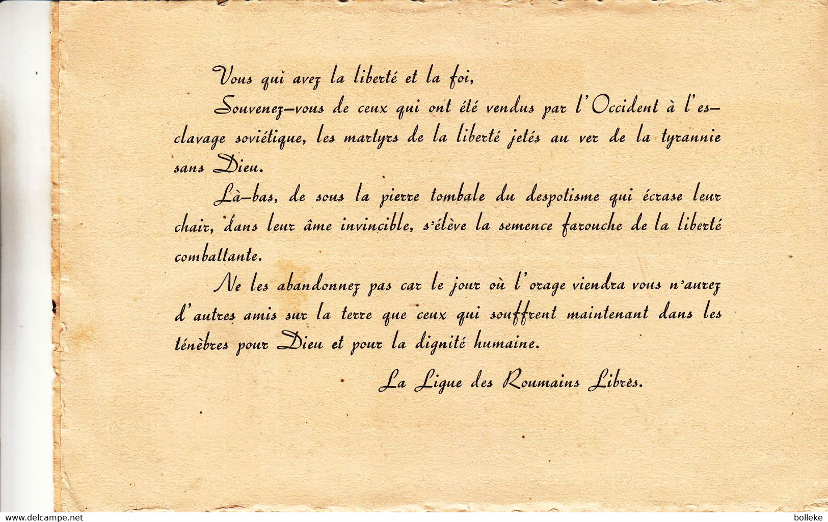 Roumanie - Document De 1955 - Liberté Pour Les Roumains - Contre La Russie - Ours - Armoiries - Valeur 80 Euros - Briefe U. Dokumente