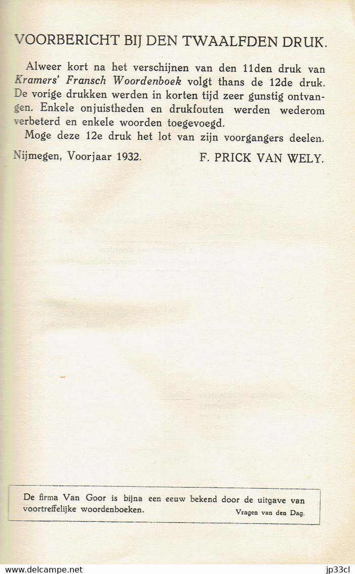 Kramer's Fransch Woordenboek, Twaalfde Druk, Den Haag G.B. Van Goor Zonen (1932) In Perfekte Staat ! - Dictionnaires