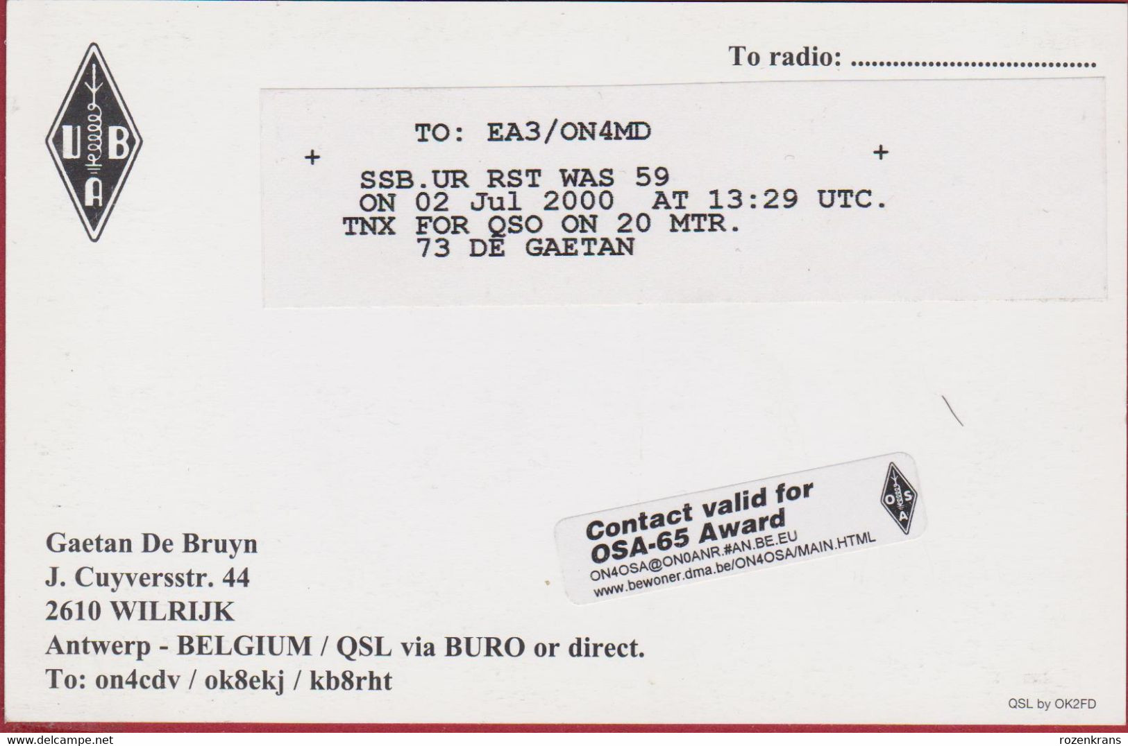 QSL Card Amateur Radio Funkkarte Antwerpen Belgium Wilrijk Gaetan De Bruyn Antwerp - Amateurfunk