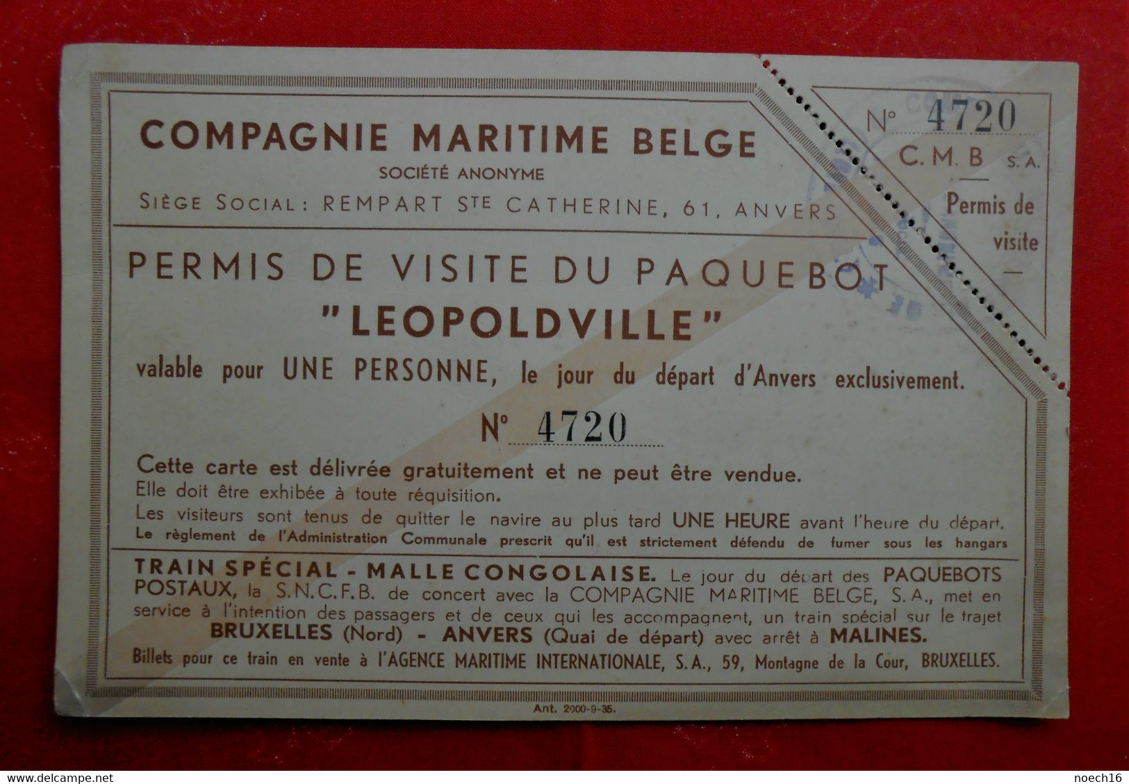 Compagnie Maritime Belge / Permis De Visite Du Paquebot "LEOPOLVILLE" - Tickets - Vouchers