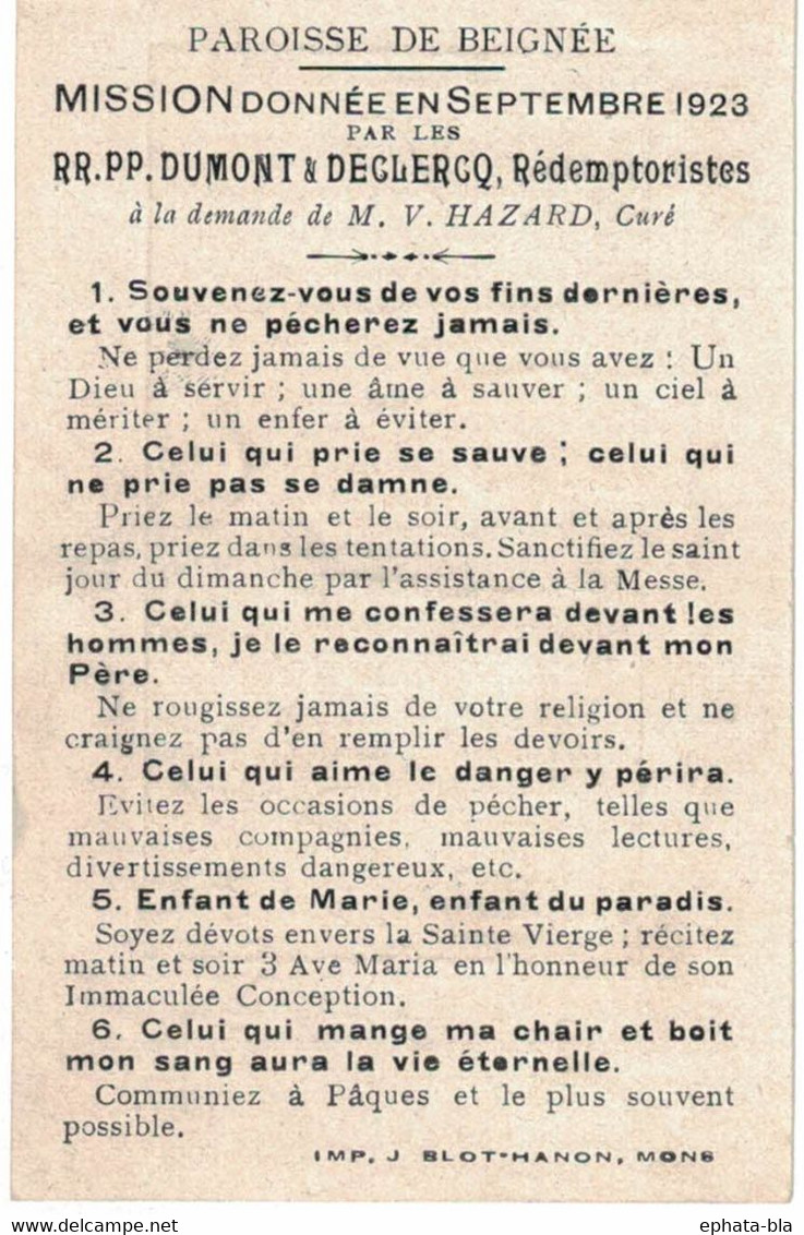 Beignée, Souvenir De La Mission De 1923 à La Demande De L'abbé Hazard - Images Religieuses