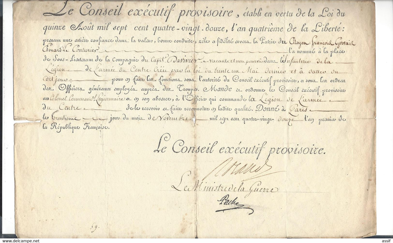 Révolution Fse  30.11.1792 Conseil Exécutif Provisoire Sign. Autographe ROLAND  De La Platière PACHE  Brevet Miltaire - Documents Historiques