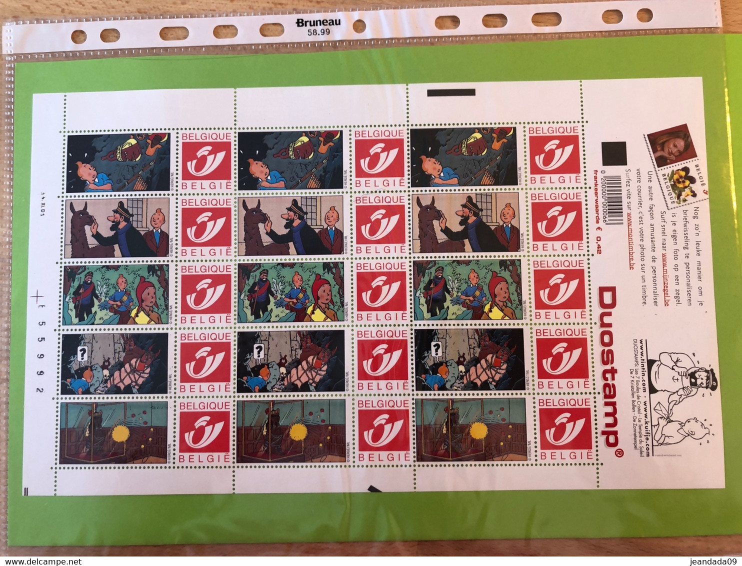 14-11-2001 DOSTAMP TINTIN Feuille De 15 Timbres Personnalisés Hergé Moulinsart Voiture 7 Boules De Cristal/momie... - Neufs