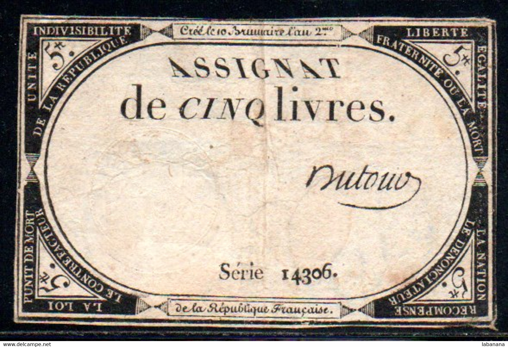 538-Assignat De 5 Livres De L'An 2 Dutour - Assignats