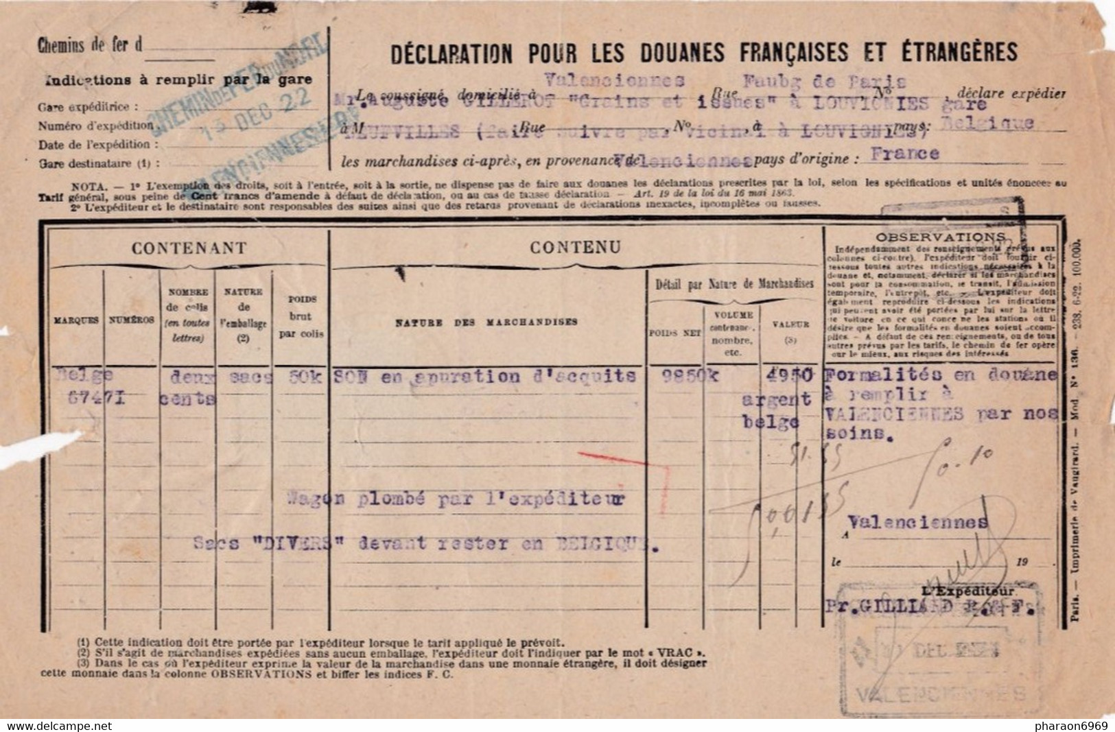 2 Scans Timbres Fiscaux Déclaration Pour Les Douanes Françaises Et étrangères Chemin De Fer Du Nord Valenciennes - Altri & Non Classificati