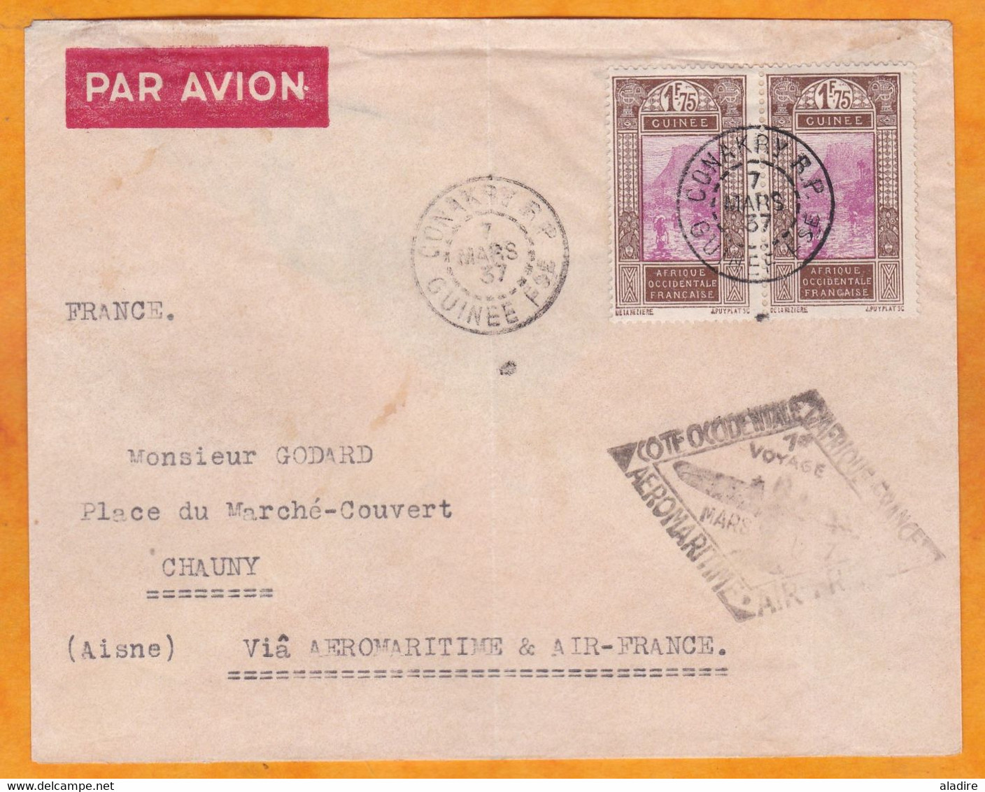 1937 - Enveloppe Par Avion Aéromaritime Air France De Conakry, Guinée Vers Chauny, France - 1er Voyage - 3f50 - Brieven En Documenten