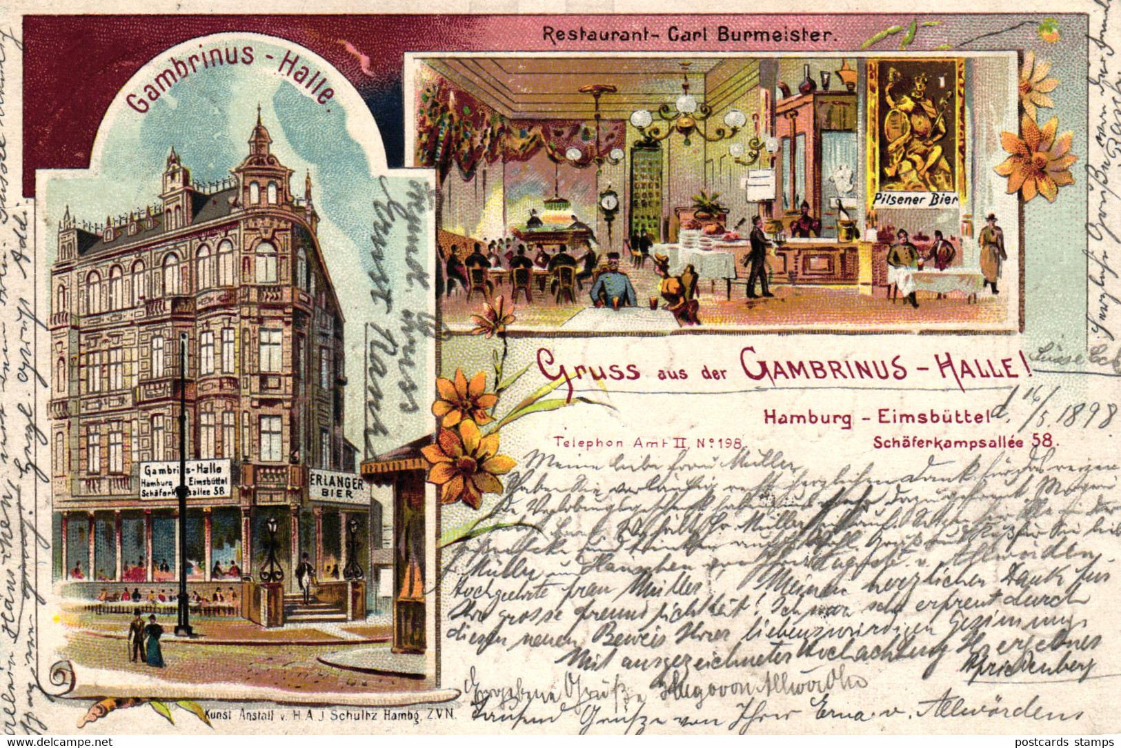 Hamburg - Eimsbüttel, Farb-Litho "Gruss Aus Der Gambrinus-Halle", 1898   (Rückseite Ansehen !) - Eimsbüttel