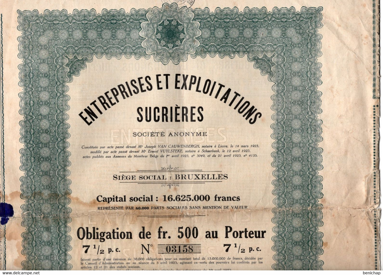 Obligation De 500 Frcs Au Porteur - Entreprises Et Exploitations Sucrières S.A. - Bruxelles 1923. - Landwirtschaft