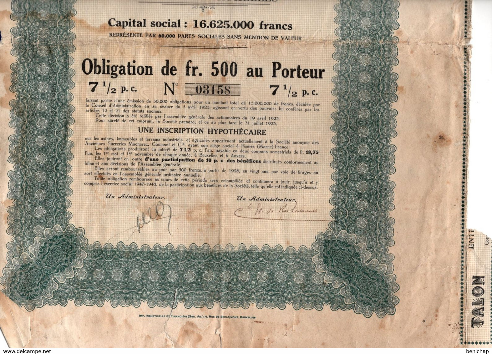 Obligation De 500 Frcs Au Porteur - Entreprises Et Exploitations Sucrières S.A. - Bruxelles 1923. - Agricultura