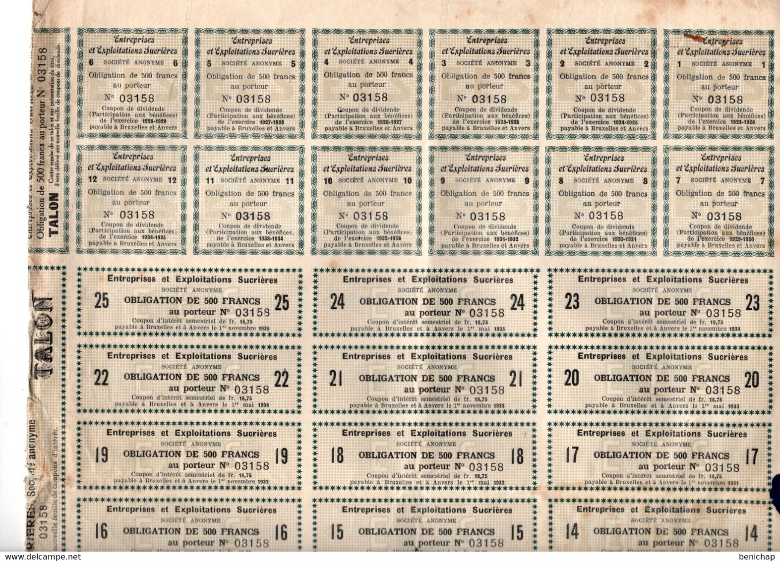 Obligation De 500 Frcs Au Porteur - Entreprises Et Exploitations Sucrières S.A. - Bruxelles 1923. - Agriculture