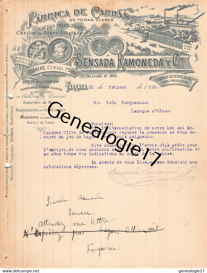 96 2805 ESPAGNE SPAIN TARRASA 1920 Fabrica De Cardas SENSADA RAMONEDA Y CIA Dest FONQUERNIE - Spagna