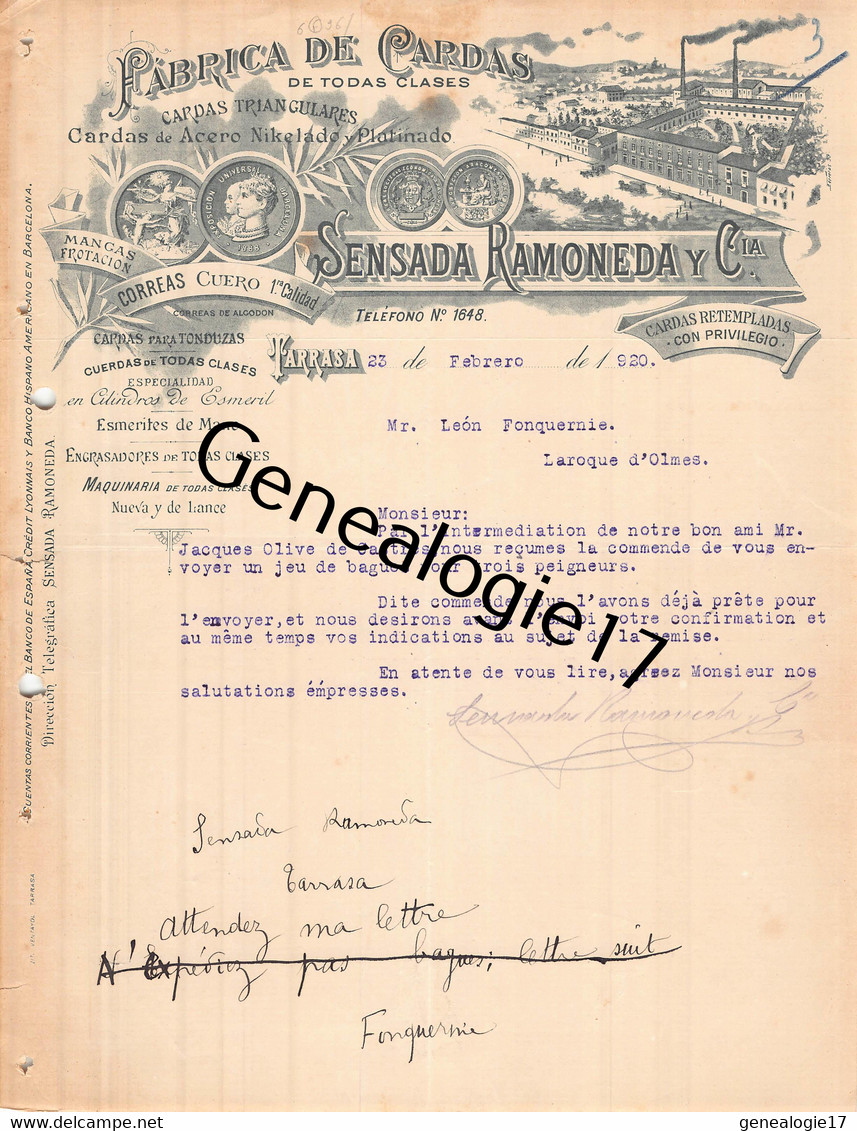 96 2805 ESPAGNE SPAIN TARRASA 1920 Fabrica De Cardas SENSADA RAMONEDA Y CIA Dest FONQUERNIE - Espagne