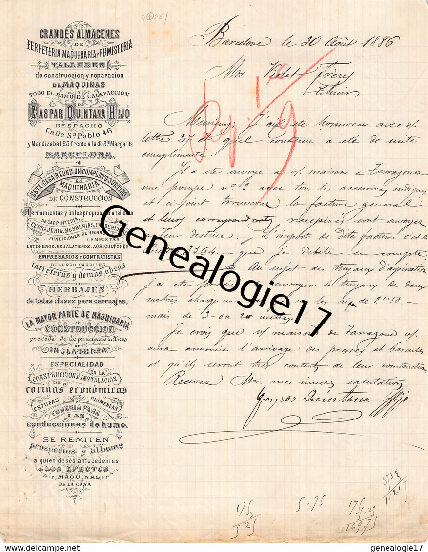 96 2806 ESPAGNE SPAIN BARCELONA 1886 Grandes Almacenes GASPAR QUINTANA FERRETERIA MAQUINARIA FUMISTERIA - España