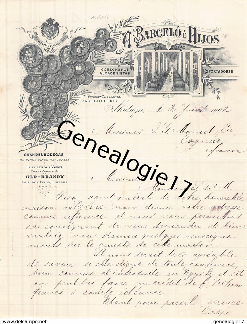 96 2809 ESPAGNE SPAIN MALAGA 1902 Grandes Bodegas Vinos A. BARCELO E HIJOS Destileria OLD BRANDY Finos Ginebra - Spanien