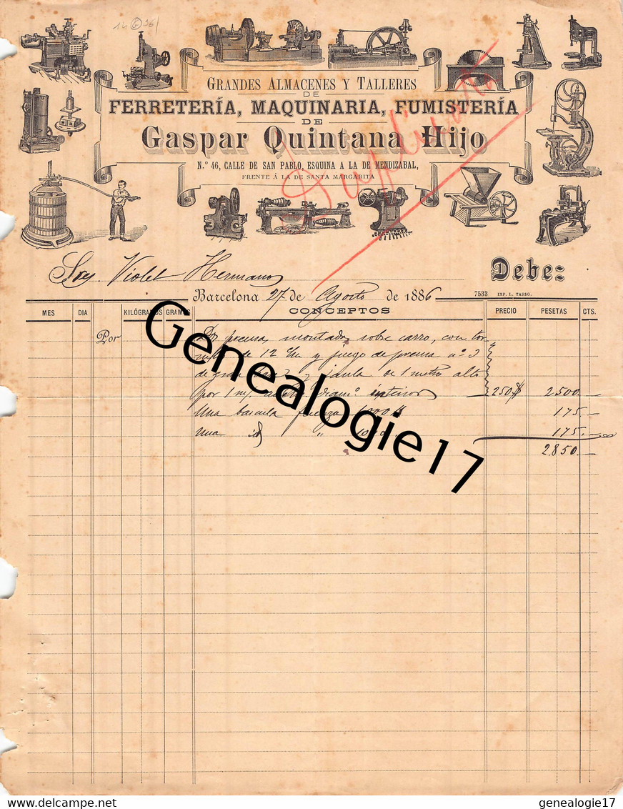 96 2813 ESPAGNE SPAIN BARCELONA MARGARITA 1886 Almacenes Y Talleres GASPAR QUINTANA HIJO Ferreteria Maquinaria - España