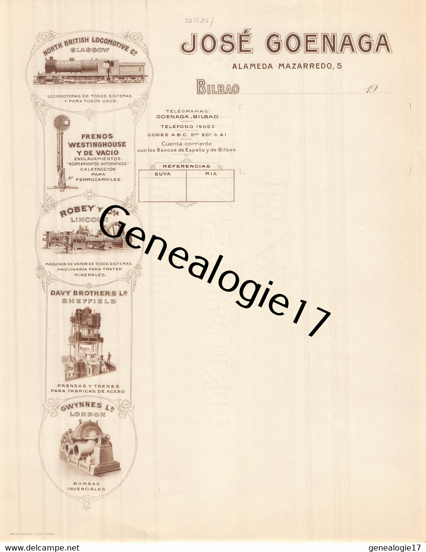 96 2819 ESPAGNE SPAIN BILBAO -vierge- North British Locomotive JOSE GOENAGA De Lasgow Lincoln Vapor ROBEY Davy Gwynnes - España