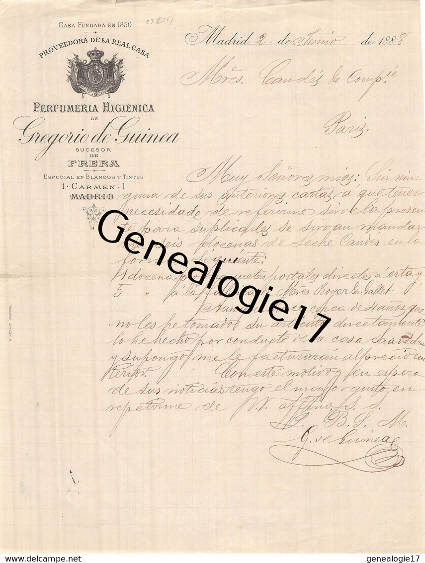 96 2822 ESPAGNE SPAIN MADRID 1888 Parfumeria Higienica GREGORIO DE GUINEA Succ FRERA - Espagne