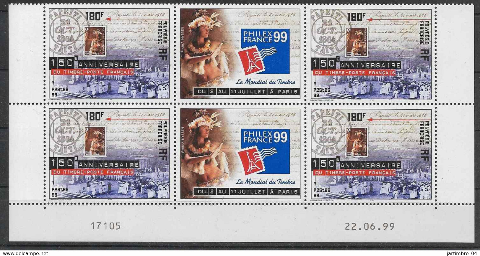 1999 POLYNESIE FRANCAISE 602** Philexfrance, Timbre Sur Timbre, Paire Avec Vignette, Coin Daté - Ongebruikt