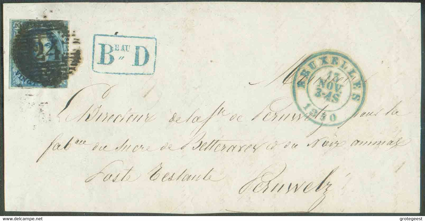 N°4 - Médaillon 20 Centimes Bleu Foncé, Bien Margé, Obl. P.24 Sur Devant De Lettre De BRUXELLES le 15 Novembre 1850 + Gr - 1849-1850 Medallions (3/5)