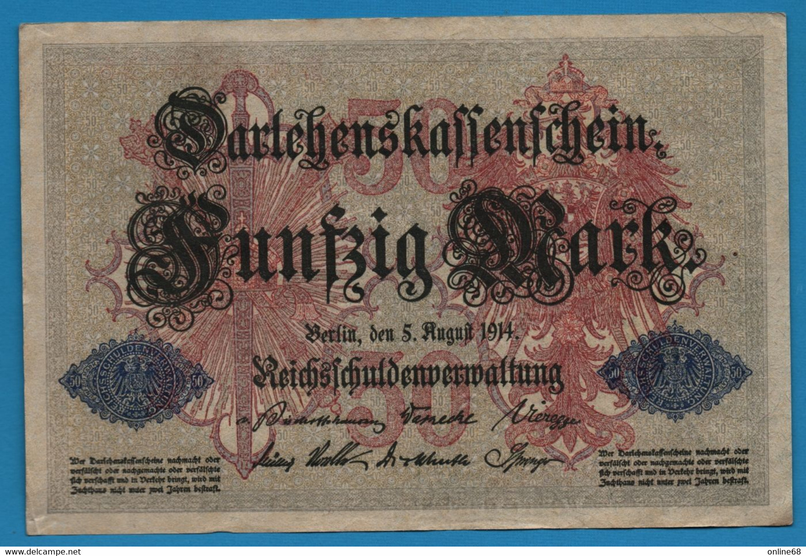 DEUTSCHES REICH LOT 2 X 50 Mark 05.08.1914 Série B # 4854724+25   P# 49b DARLEHENSKASSENSCHEIN - 50 Mark