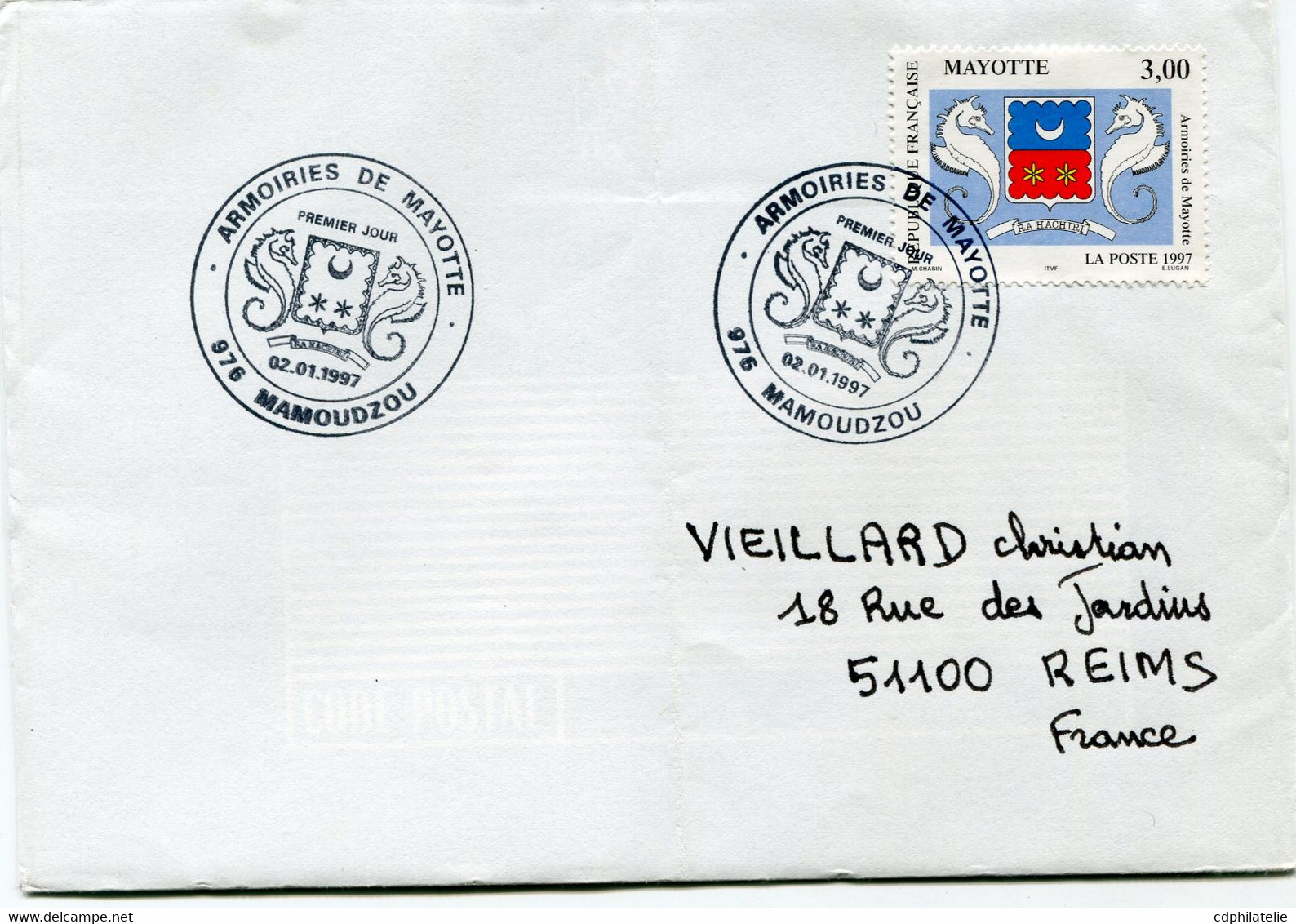 MAYOTTE LETTRE DEPART ARMOIRIES DE MAYOTTE PREMIER JOUR 02-01-1997 MAMOUDZOU POUR LA FRANCE - Lettres & Documents