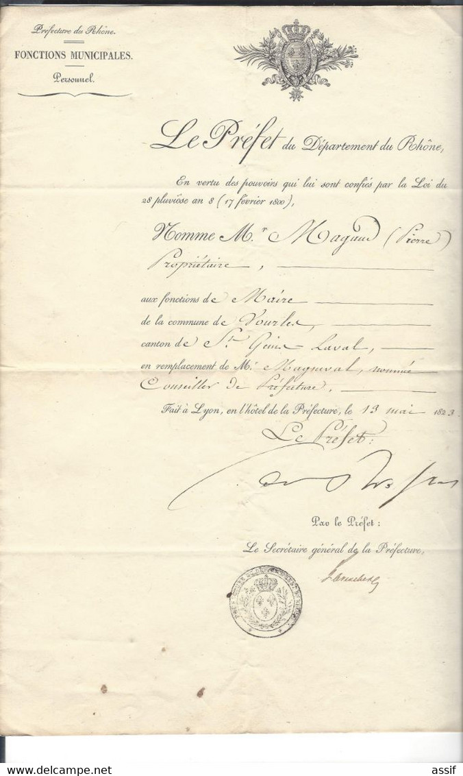 Vourles ( Département Du Rhône ) Nomination Du Maire  Pierre Magaud , Par Le Préfet  1823 ( Remplace Magneval ) - Documents Historiques