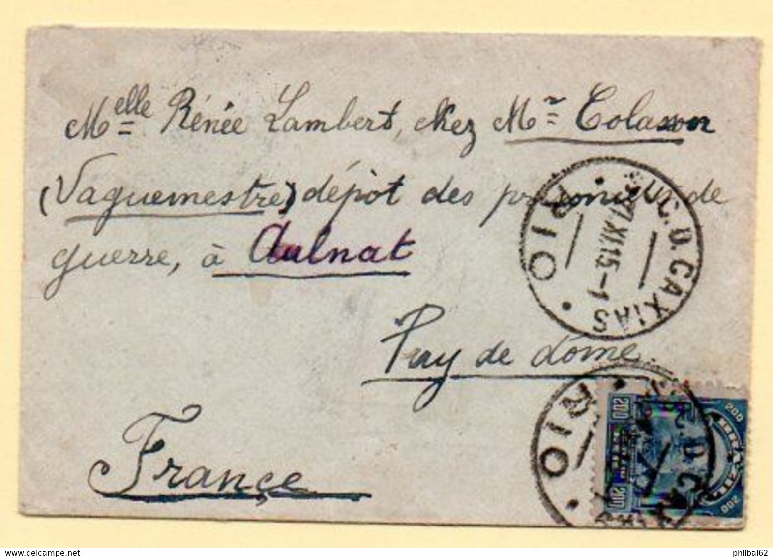 Petite Enveloppe Avec Timbre Du Brésil ( 1915) Adressée à Aulnat, Puy De Dôme. - Brieven En Documenten