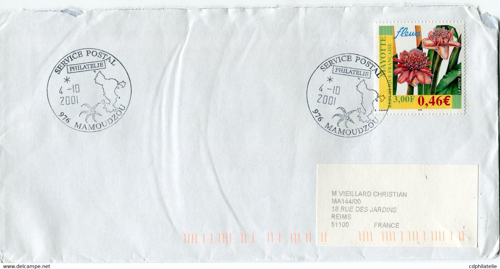 MAYOTTE LETTRE DEPART SERVICE POSTAL PHILATELIE 4-10-2001 MAMOUDZOU POUR LA FRANCE - Storia Postale