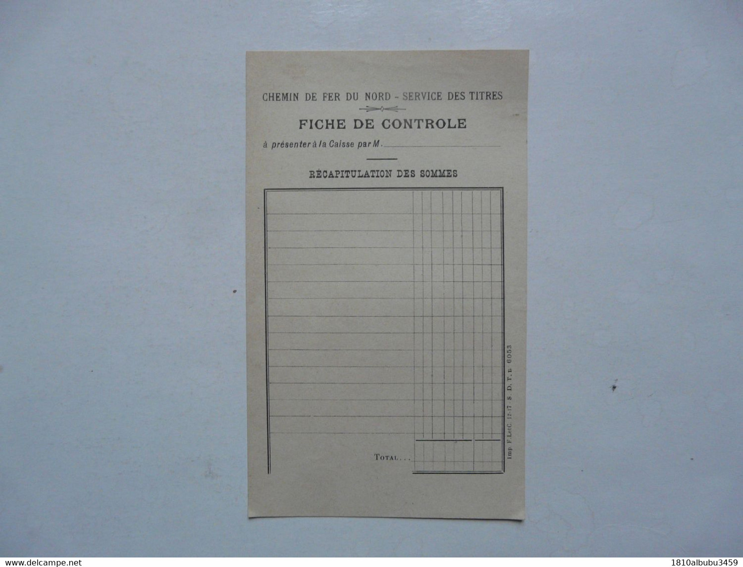 VIEUX PAPIERS - CHEMIN DE FER DU NORD (Service Des Titres) : Fiche De Contrôle - Unclassified
