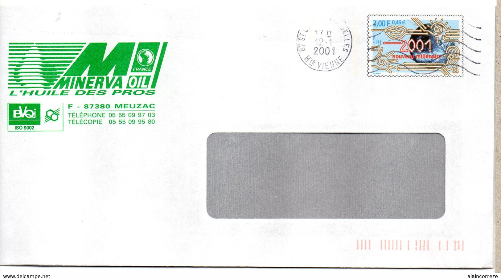 Entier Postal Entreprise à Fenêtre Timbre 2001 Nouveau Millénaire Repiquée Minerva Oil L'huile Des Pros Meuzac - Prêts-à-poster:private Overprinting