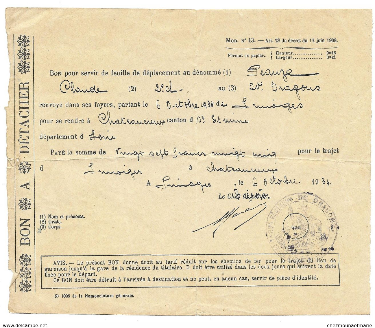 1934 LIMOGES - 20 E REGIMENT DE DRAGONS - BON POUR DEPLACEMENT A CHATEAUCREUX SAINT ETIENNE - Documenti
