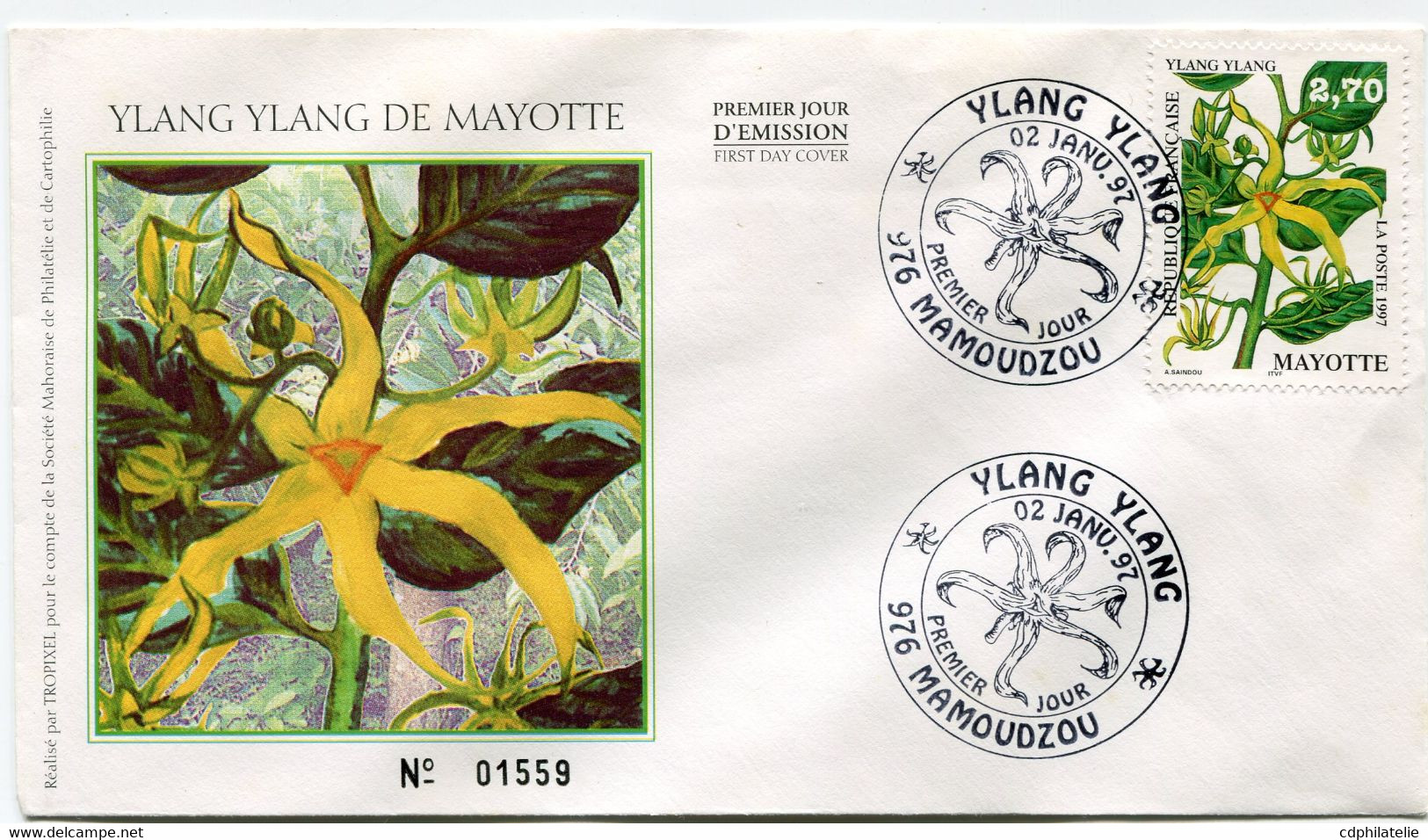 MAYOTTE ENVELOPPE 1er JOUR DU N°42 YLANG-YLANG AVEC OBLITERATION ILLUSTREE PREMIER JOUR 02 JANV 97 MAMOUDZOU - Briefe U. Dokumente