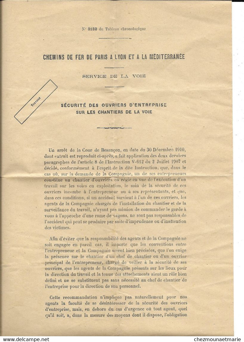 1911 PARIS - SERVICE DE LA VOIE - SECURITE DES OUVRIERS SUR LES CHANTIERS ET EXTRAIT MINUTES DU GREFFE - PLM - Spoorweg