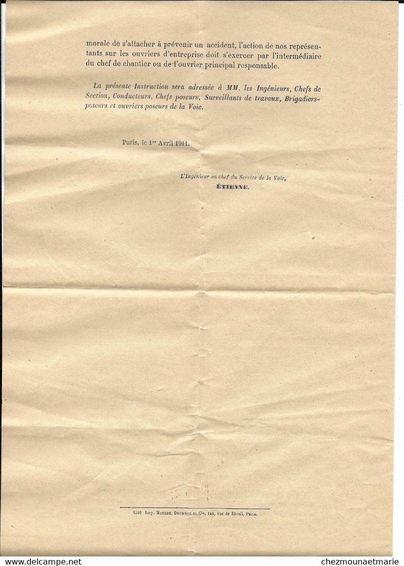 1911 PARIS - SERVICE DE LA VOIE - SECURITE DES OUVRIERS SUR LES CHANTIERS ET EXTRAIT MINUTES DU GREFFE - PLM - Railway