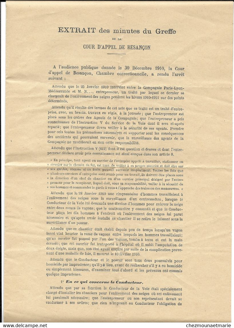 1911 PARIS - SERVICE DE LA VOIE - SECURITE DES OUVRIERS SUR LES CHANTIERS ET EXTRAIT MINUTES DU GREFFE - PLM - Eisenbahnverkehr