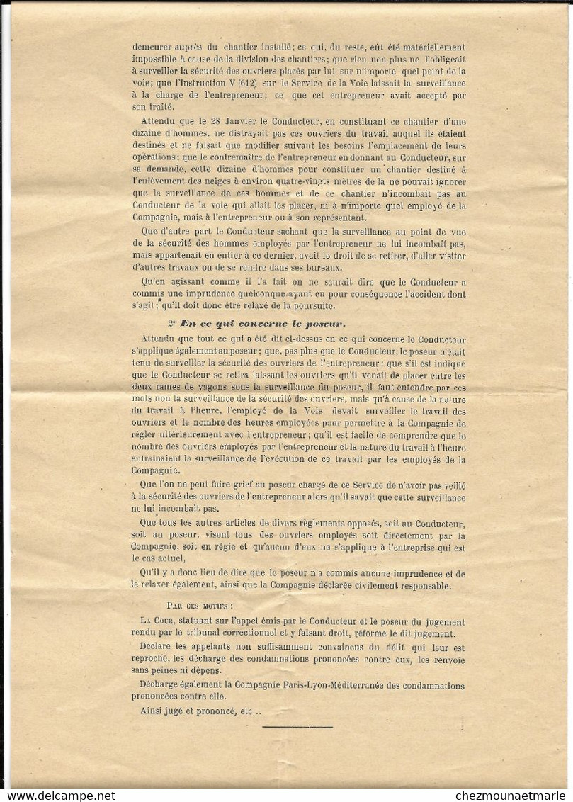 1911 PARIS - SERVICE DE LA VOIE - SECURITE DES OUVRIERS SUR LES CHANTIERS ET EXTRAIT MINUTES DU GREFFE - PLM - Railway