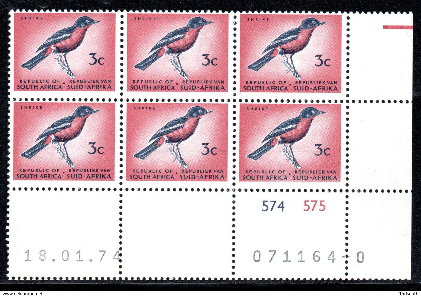 South Africa - 1972-74 Definitive 3c Shrike Control Block (18.01.74) (**) # SG 316a - Blocks & Sheetlets