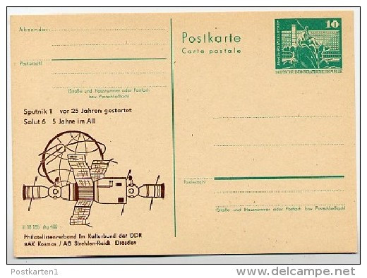 DDR P79-34-82 C204-a Postkarte PRIVATER ZUDRUCK Sputnik1 / Saljut 6  Dresden 1982 - Postales Privados - Nuevos