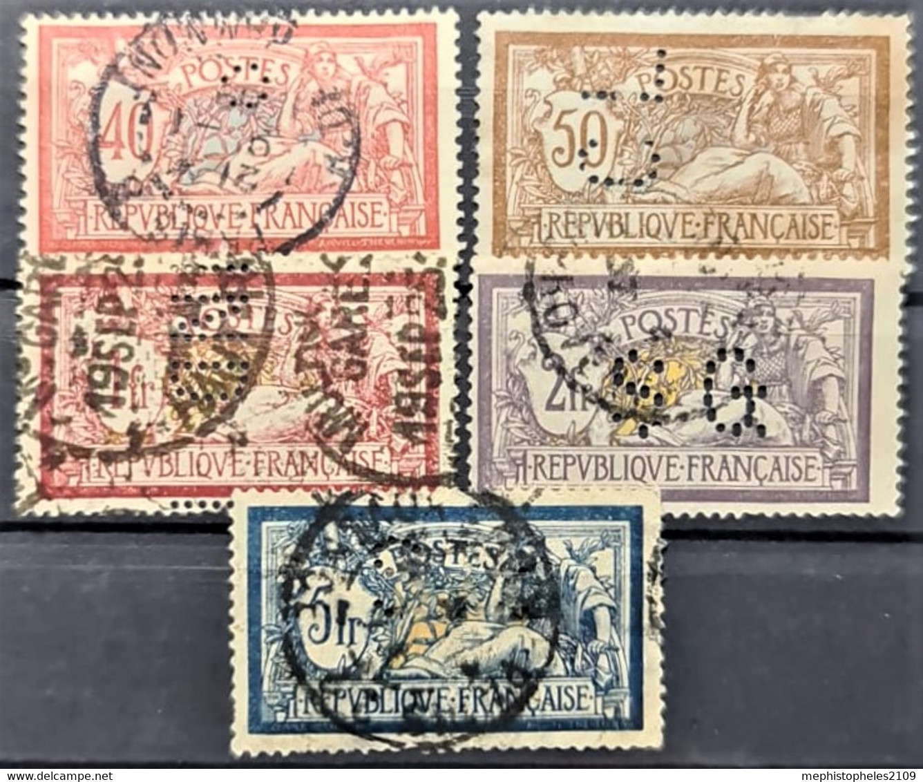 FRANCE 1900 - Canceled + Perfins - YT 119-123 - Complete Set! - 1900-27 Merson