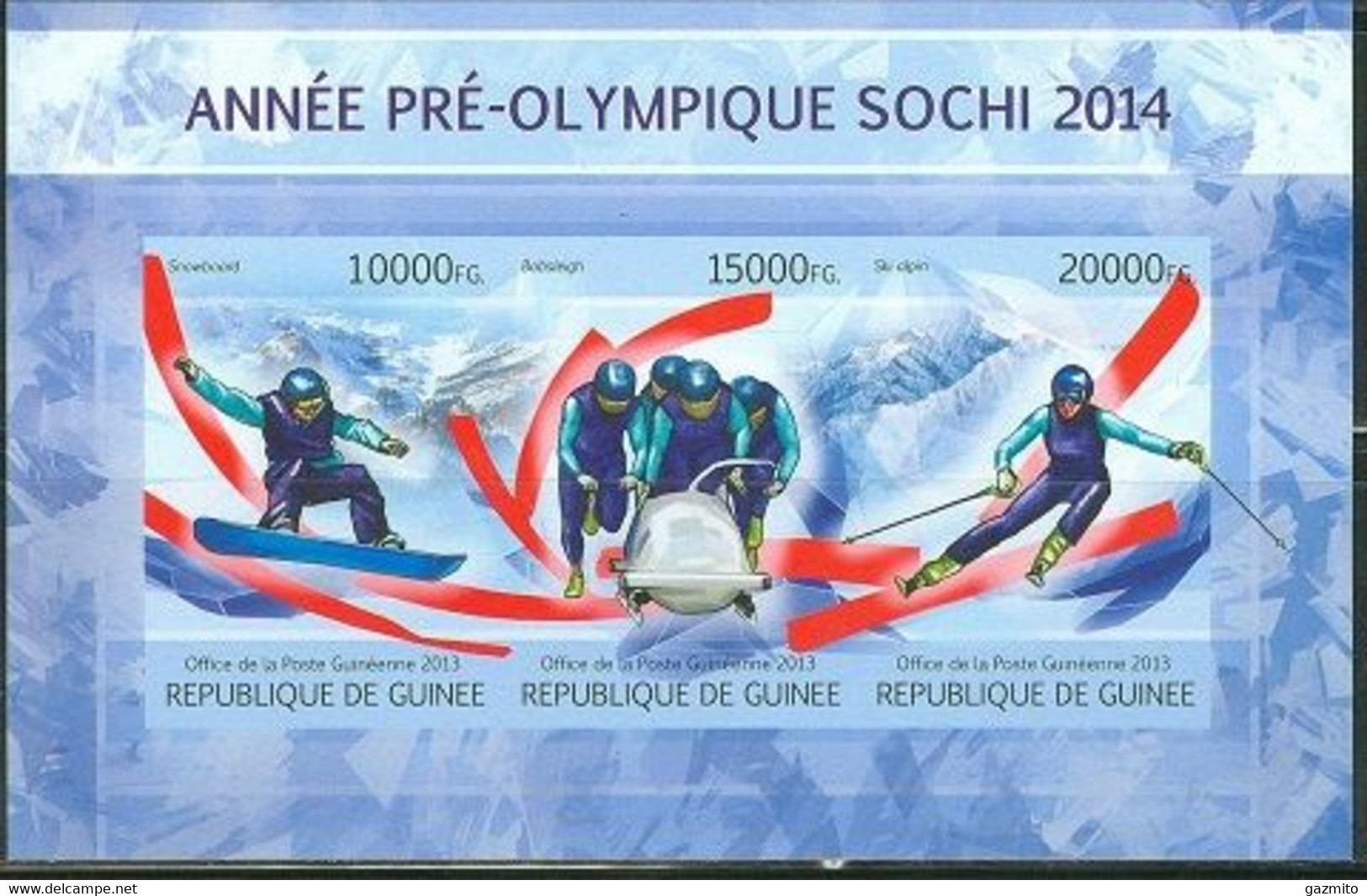 Guinea 2013, Pre Winter Olympic Games, Smowboard, Sking, Bobsleig, 3val In BF IMPERFORATED - Skateboard