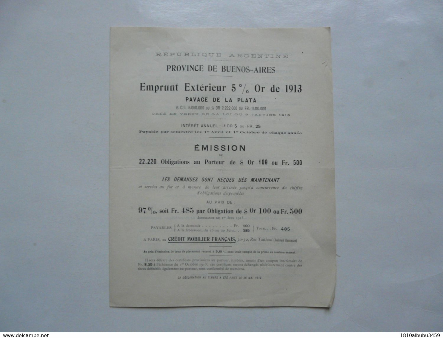 VIEUX PAPIERS - OBLIGATIONS : EMPRUNT EXTERIEUR 5% OR DE 1913 - Pavage De LA PLATA - ARGENTINE - Zonder Classificatie