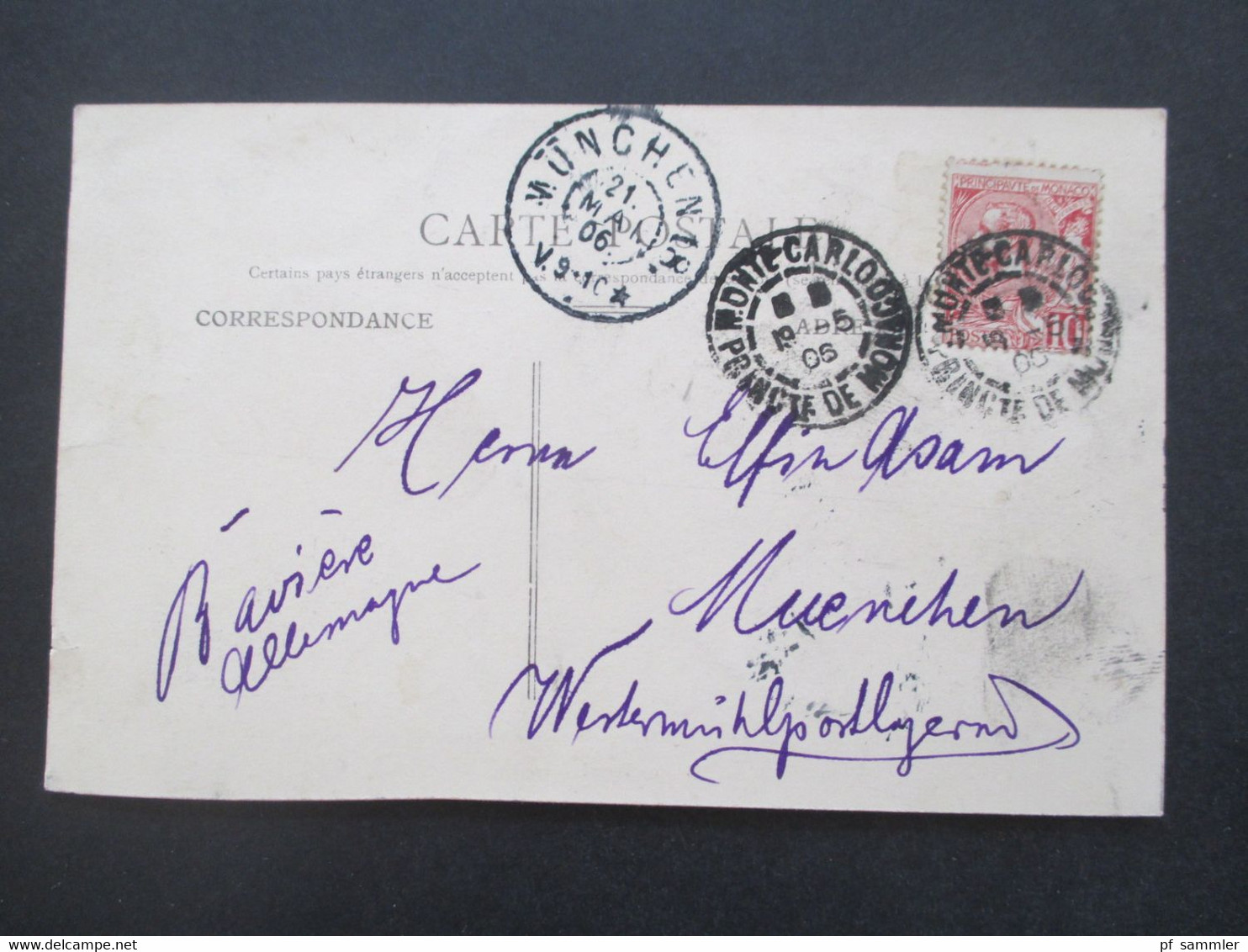 AK 1906 Monaco Monte Carlo Nice Le Paillon Nach München Gesendet Mit Ank. Stempel Und Vermerk Postlagernd - Monte-Carlo