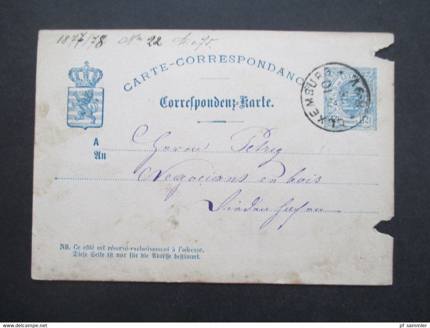 Luxemburg 1878 Ganzsache P 19 Stempel Luxemburg Corrrespondenz Karte Starke Gebrauchsspuren!!! - Stamped Stationery