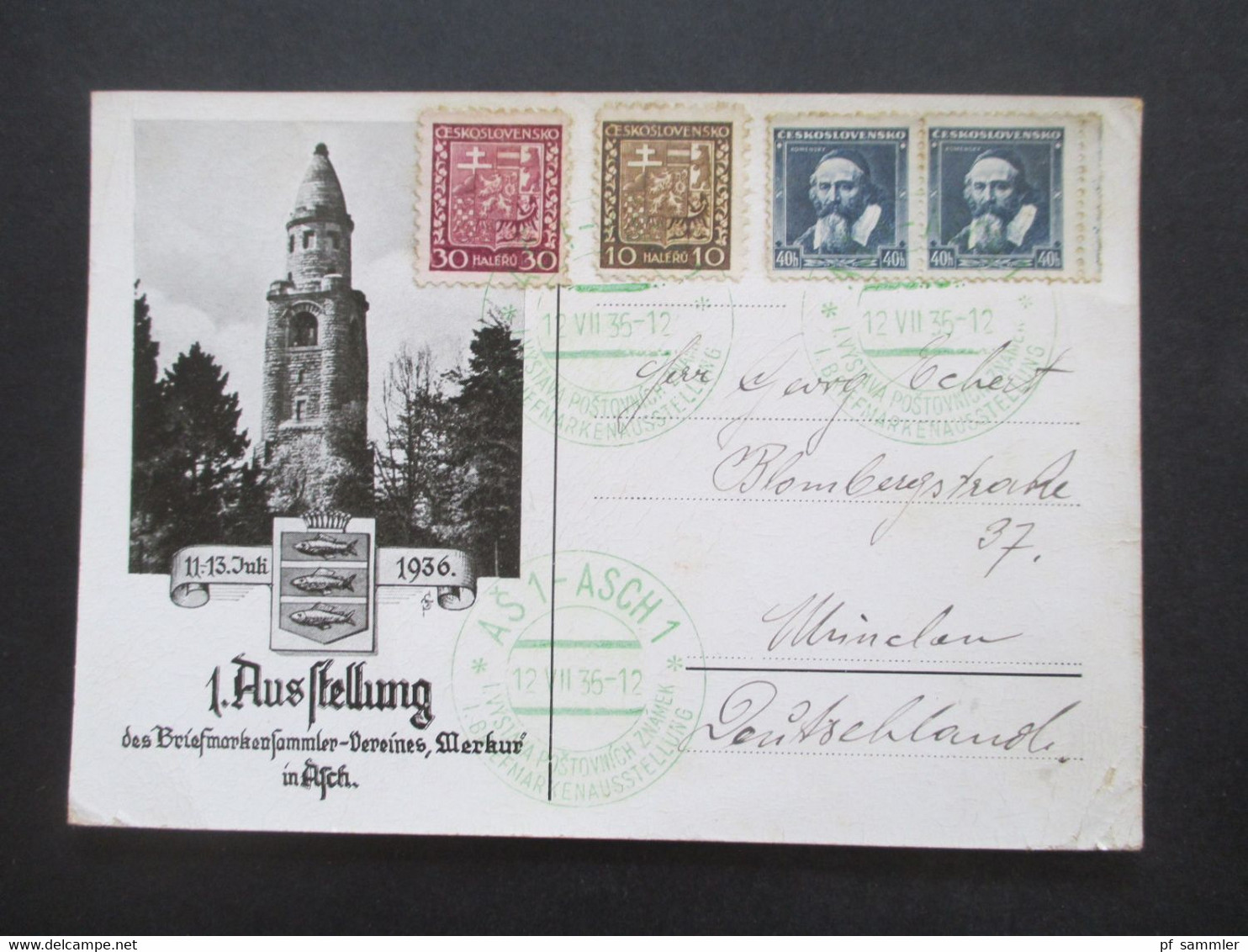 CSSR 1936 Sonderkarte 1. Ausstellung Des Briefmarkensammler Vereins Merkur In Asch (Sudetenland) Grüner Sonderstempel - Storia Postale
