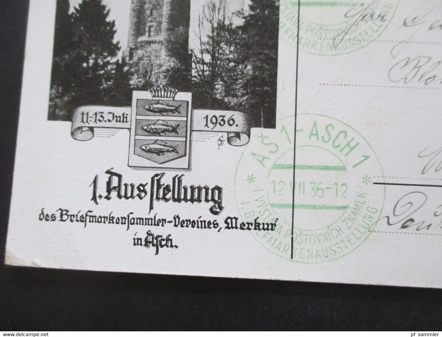 CSSR 1936 Sonderkarte 1. Ausstellung Des Briefmarkensammler Vereins Merkur In Asch (Sudetenland) Grüner Sonderstempel - Lettres & Documents