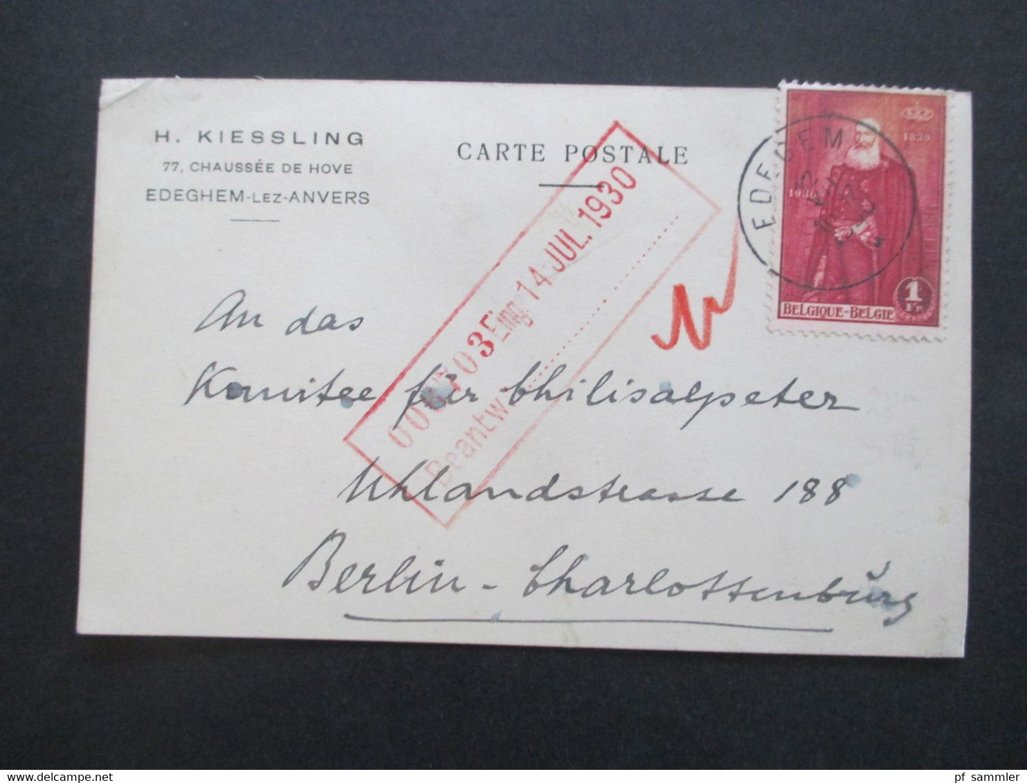 Belgien 1930 PK Firmenkarte H. Kiesslaing Edeghem Lez Anvers An Das Komitee Für Chilisalpeter In Berlin Michel Nr. 285 - Briefe U. Dokumente