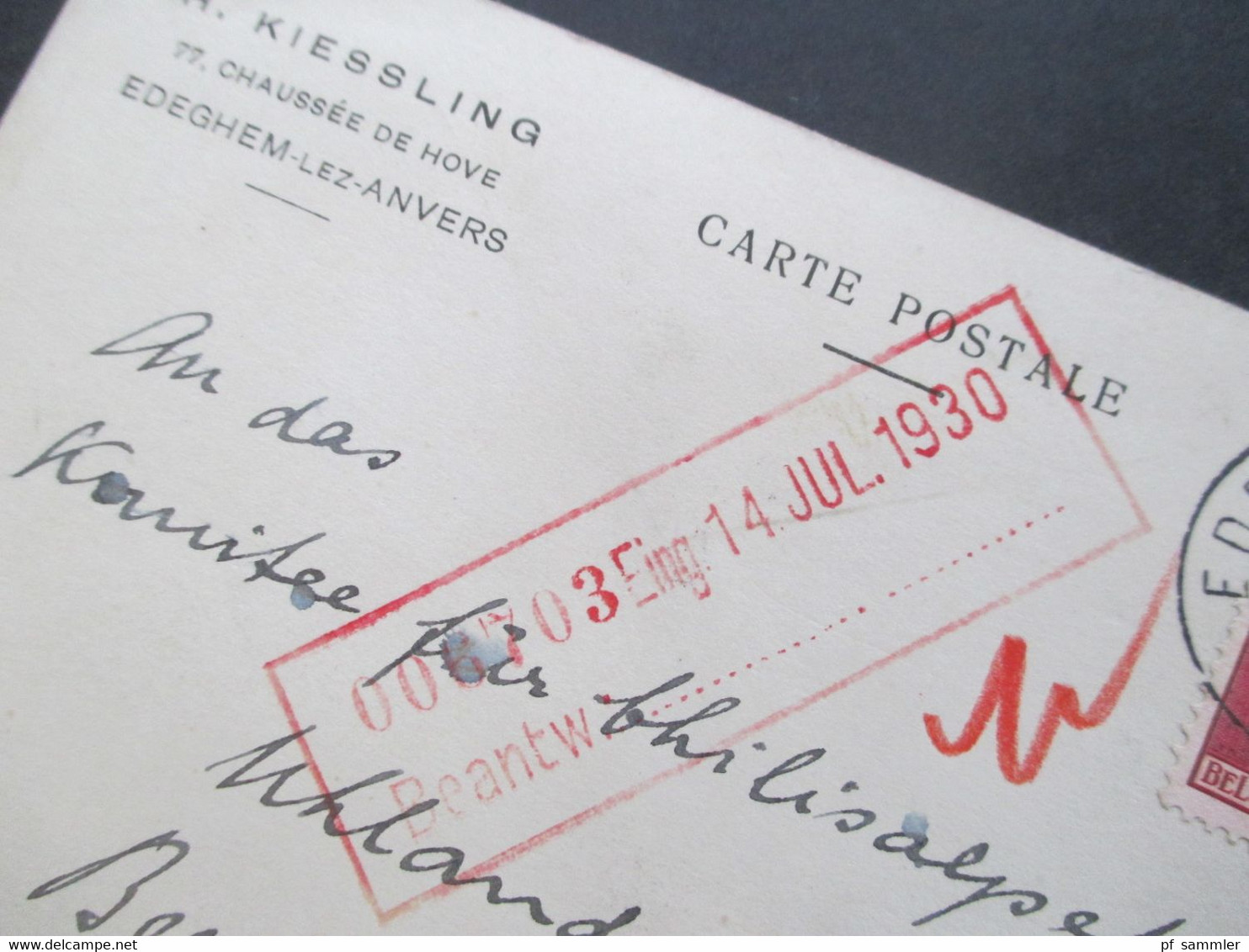 Belgien 1930 PK Firmenkarte H. Kiesslaing Edeghem Lez Anvers An Das Komitee Für Chilisalpeter In Berlin Michel Nr. 285 - Covers & Documents